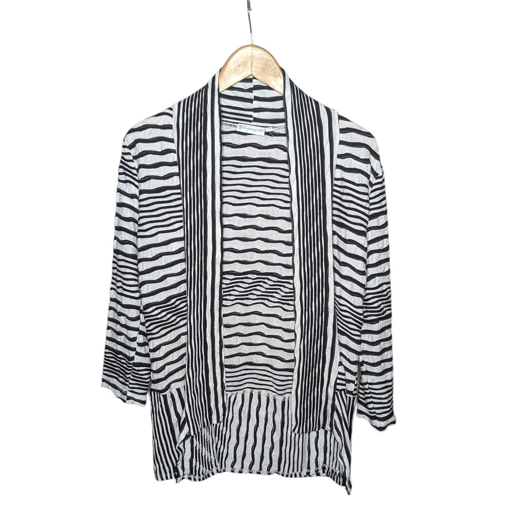 Lulu-B Cardigan Small Black White Open Front Kimono Lightweight Abstract Stripe